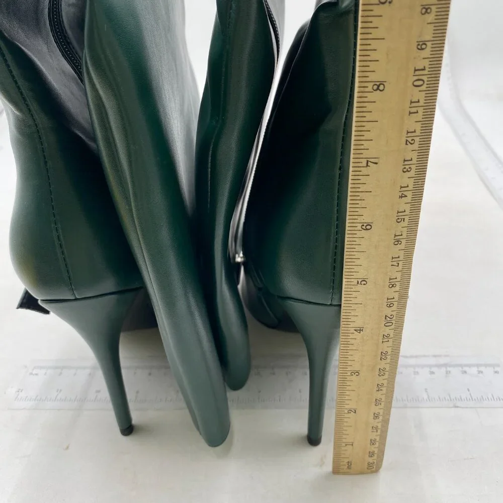 Green High Heel Knee High Boots Pointed Toe Ankle Buckle Side Zip Long Boots